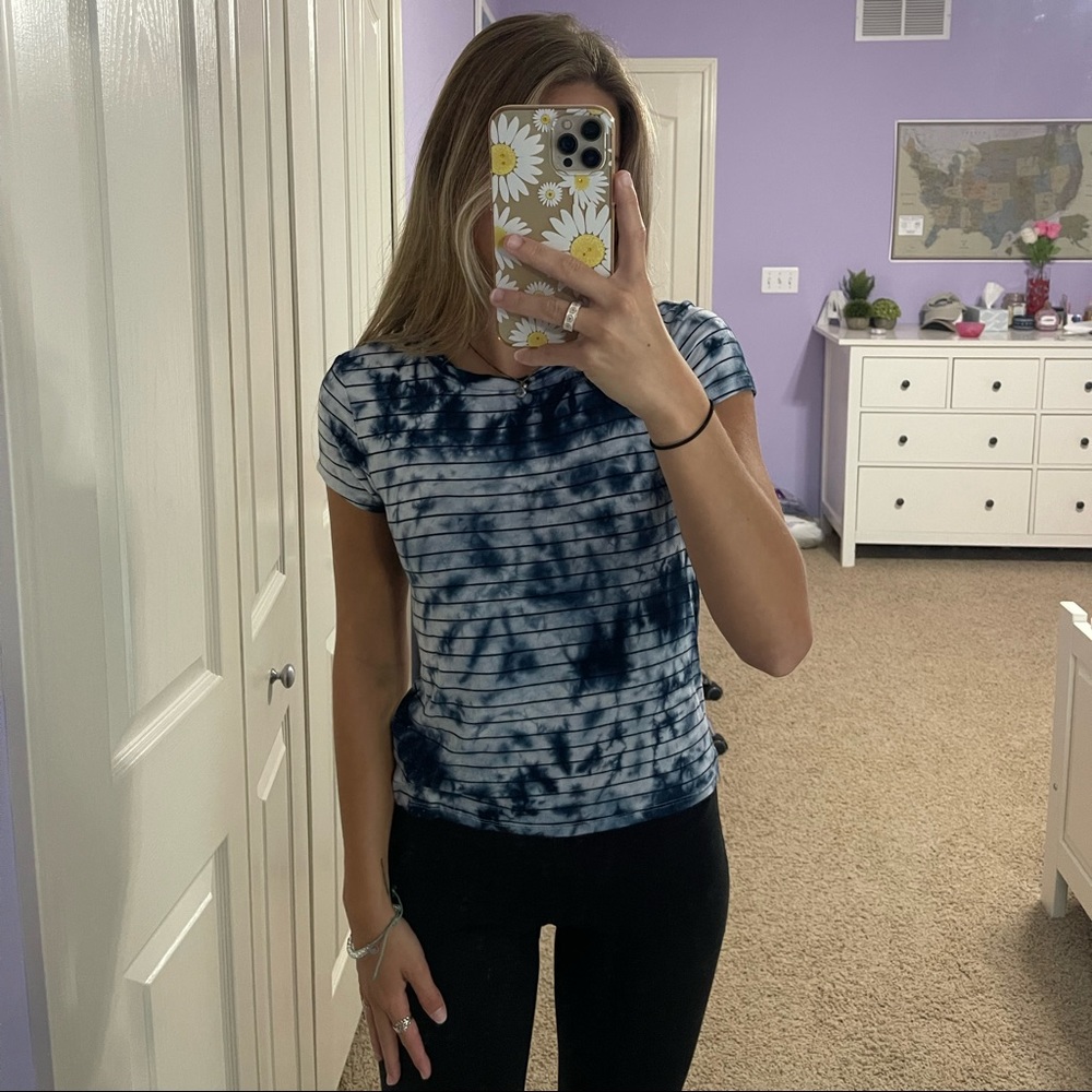 short sleeve blue tie-dyed and striped t-shirt from American Eagle
